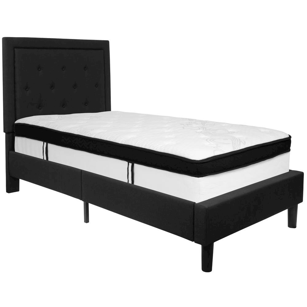 Twin Size Platform Bed in Black Fabric with Memory Foam Mattress