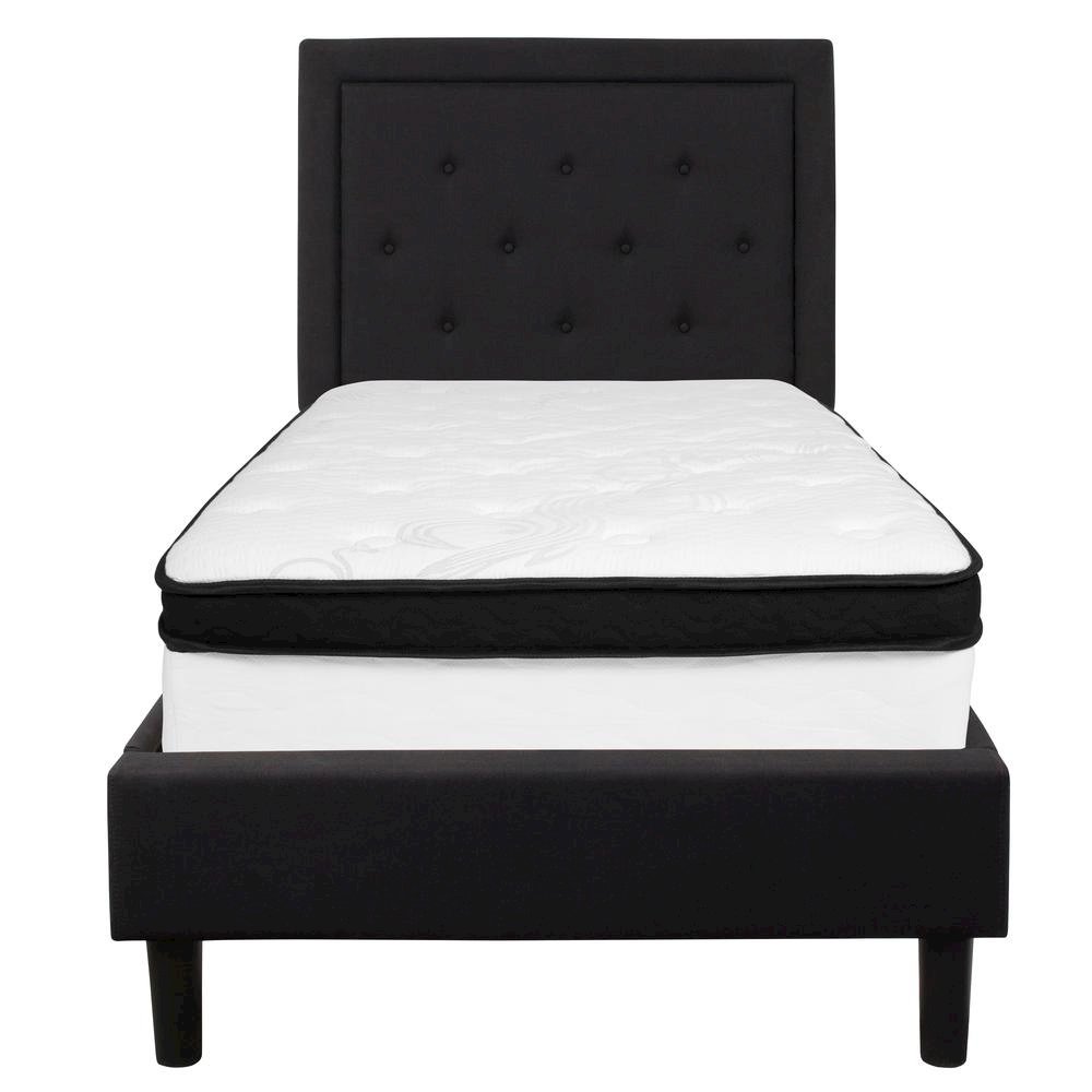 Twin Size Platform Bed in Black Fabric with Memory Foam Mattress