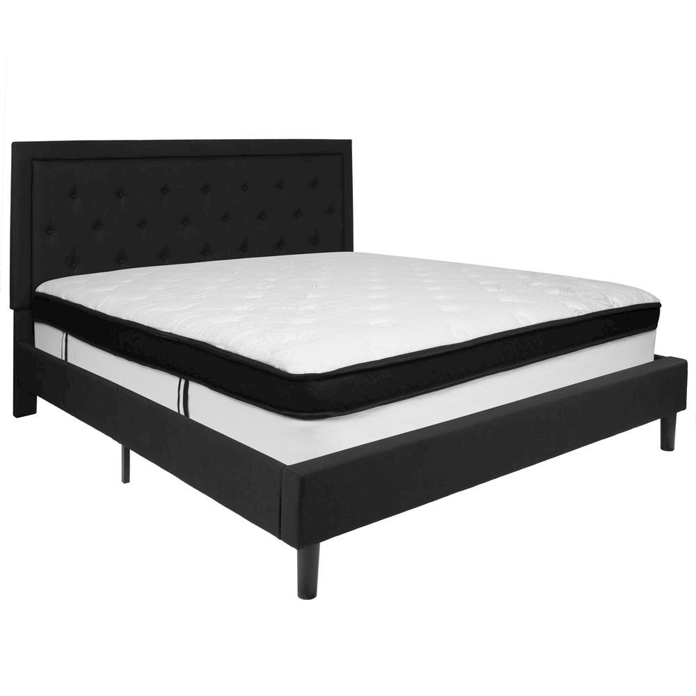 King Size Platform Bed in Black Fabric with Memory Foam Mattress
