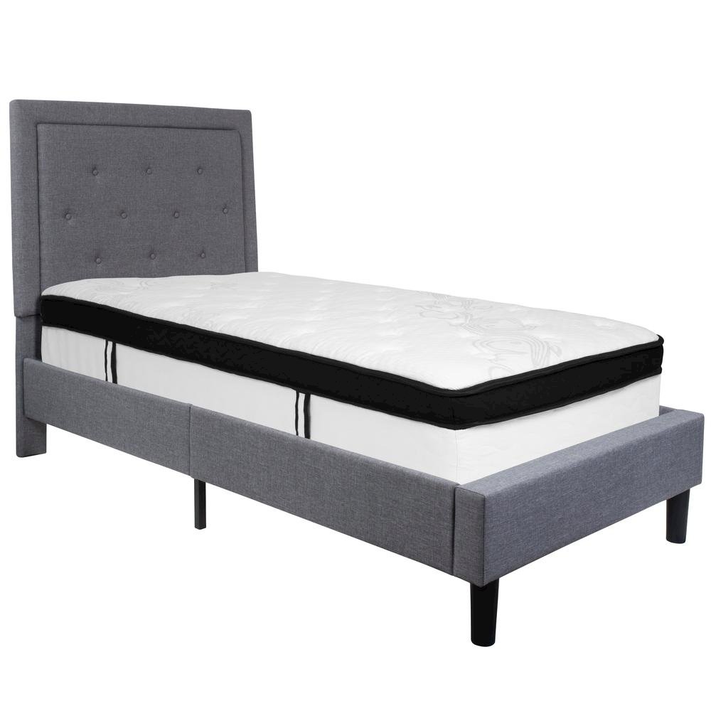 Twin Size Platform Bed in Light Gray Fabric with Memory Foam Mattress
