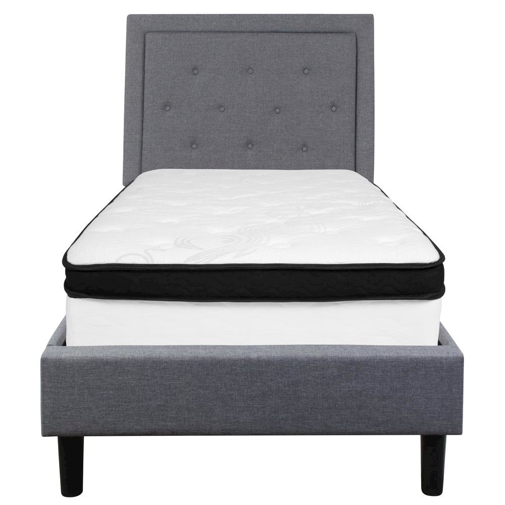 Twin Size Platform Bed in Light Gray Fabric with Memory Foam Mattress