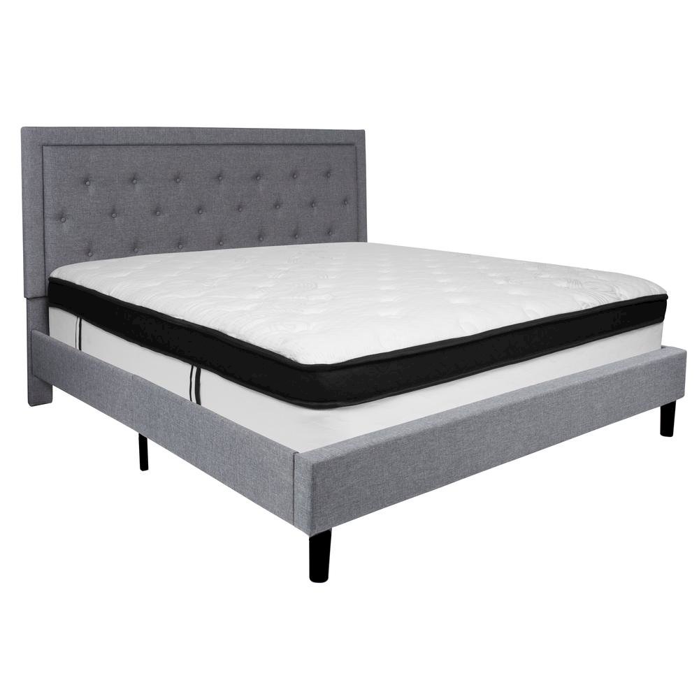 King Size Platform Bed in Light Gray Fabric with Memory Foam Mattress