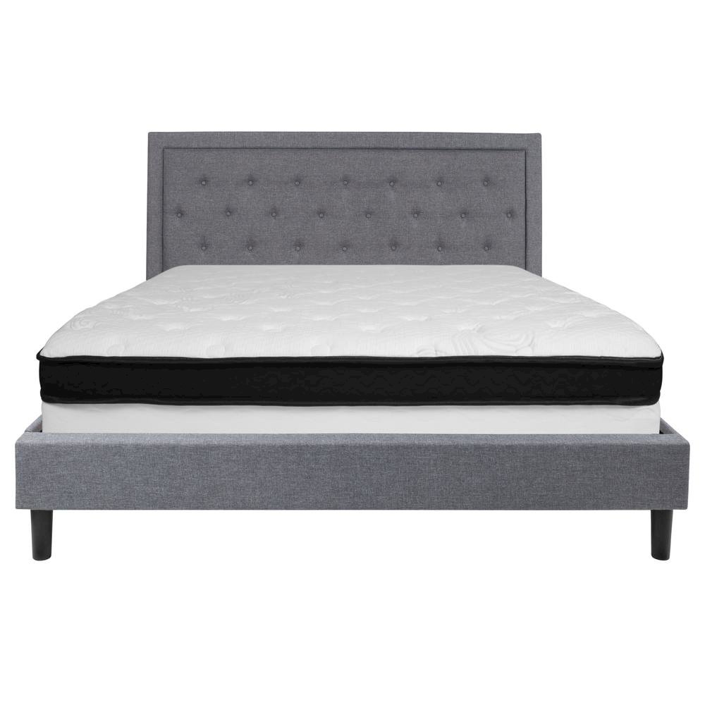King Size Platform Bed in Light Gray Fabric with Memory Foam Mattress