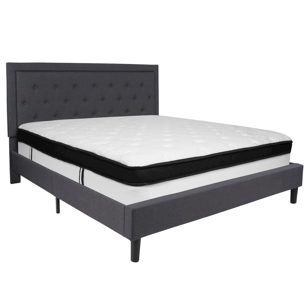 King Size Platform Bed in Dark Gray Fabric with Memory Foam Mattress