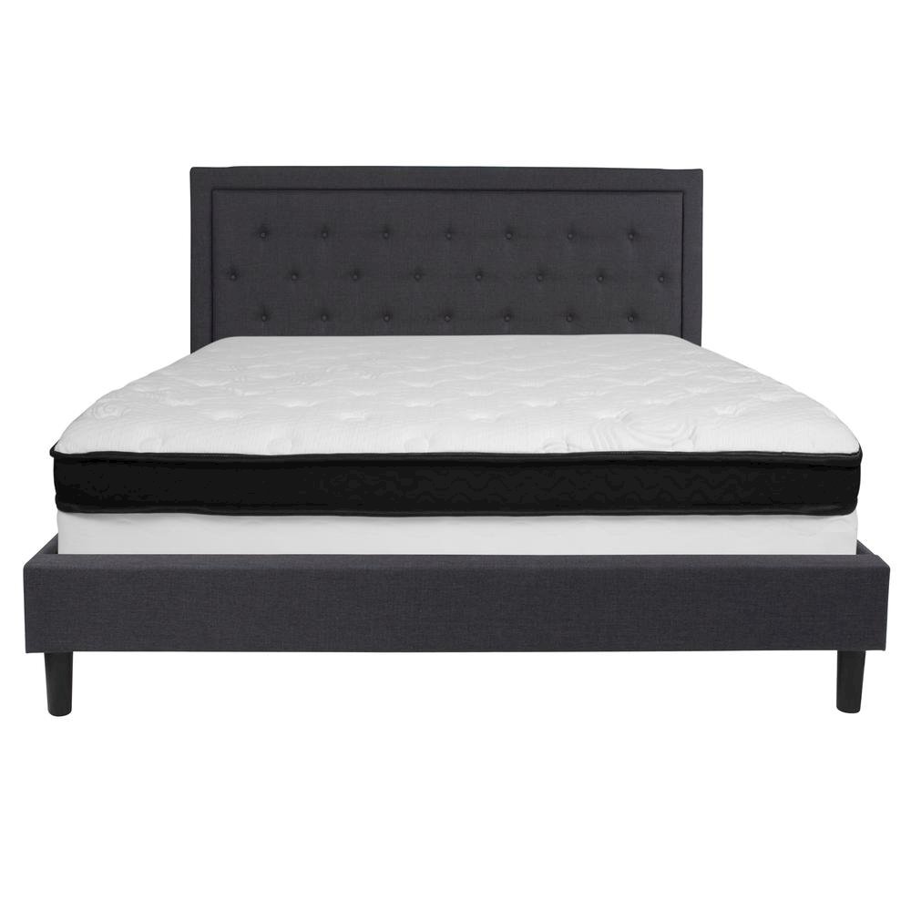 King Size Platform Bed in Dark Gray Fabric with Memory Foam Mattress