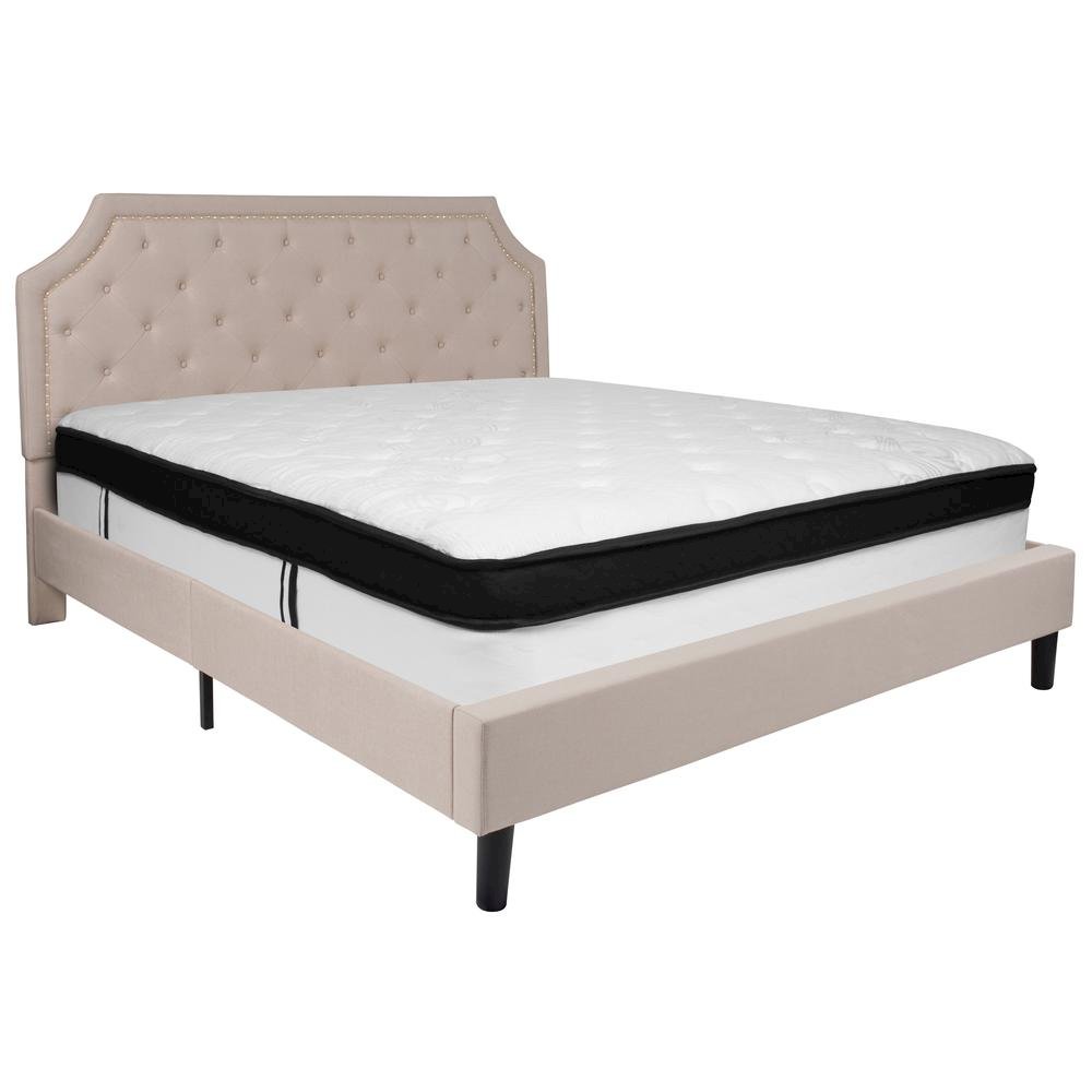 King Size Platform Bed in Beige Fabric with Memory Foam Mattress