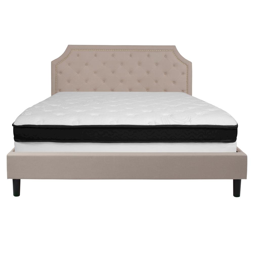 King Size Platform Bed in Beige Fabric with Memory Foam Mattress