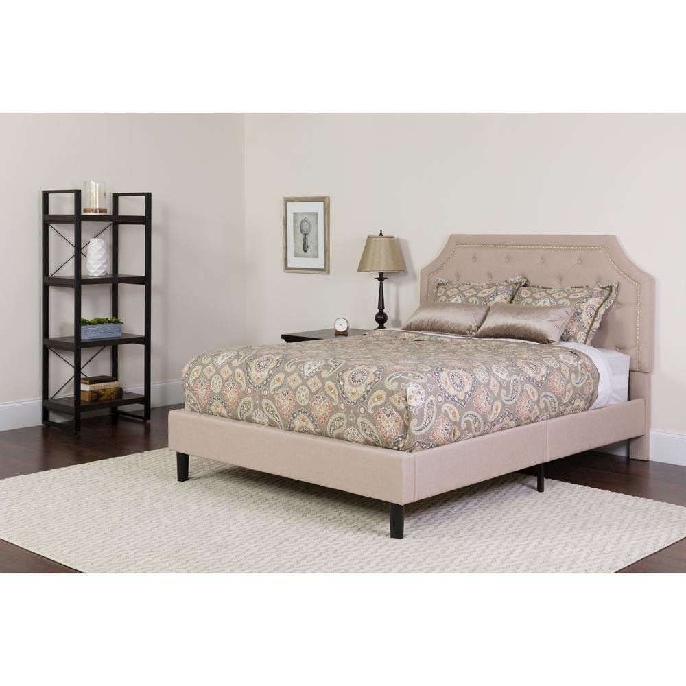 King Size Platform Bed in Beige Fabric with Memory Foam Mattress
