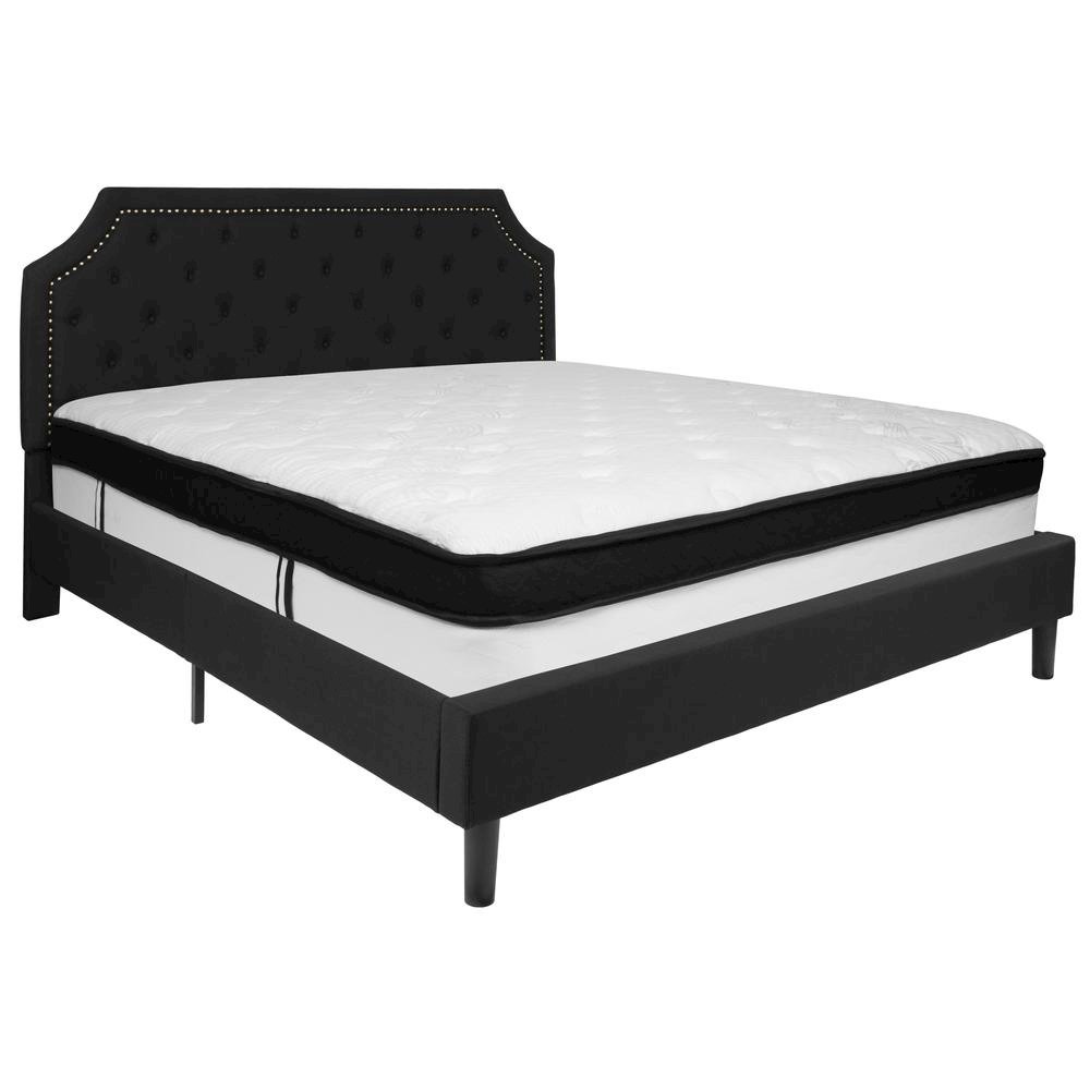 King Size Platform Bed in Black Fabric with Memory Foam Mattress