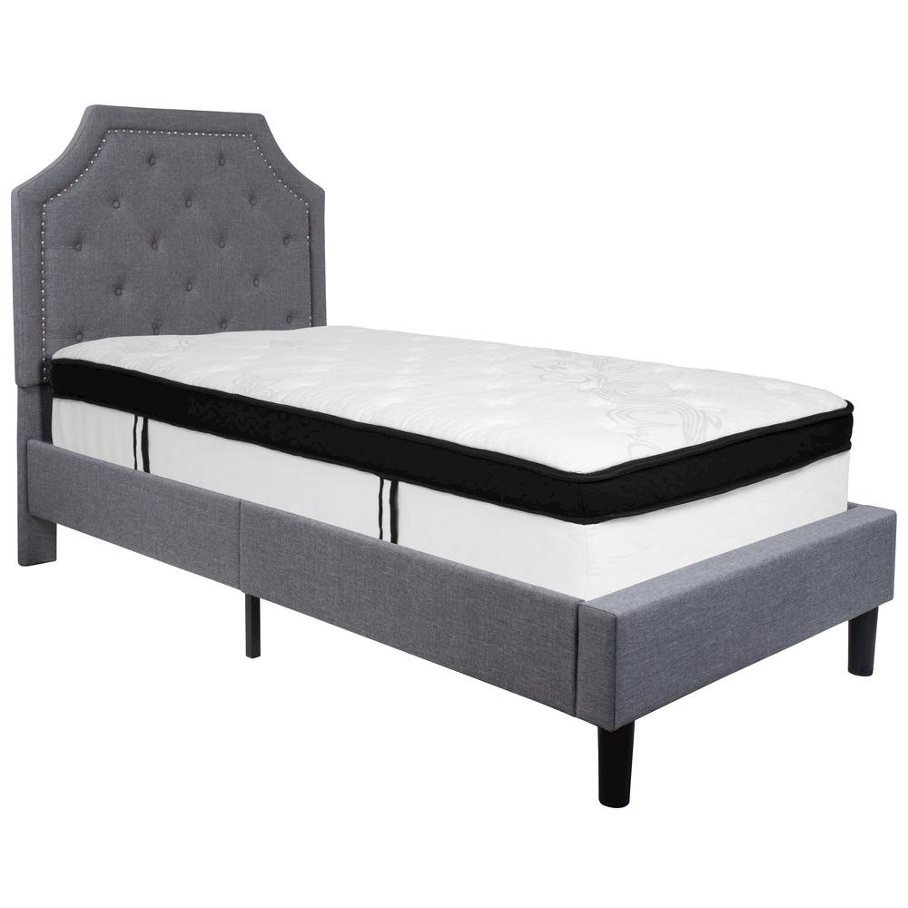 Twin Size Platform Bed in Light Gray Fabric with Memory Foam Mattress