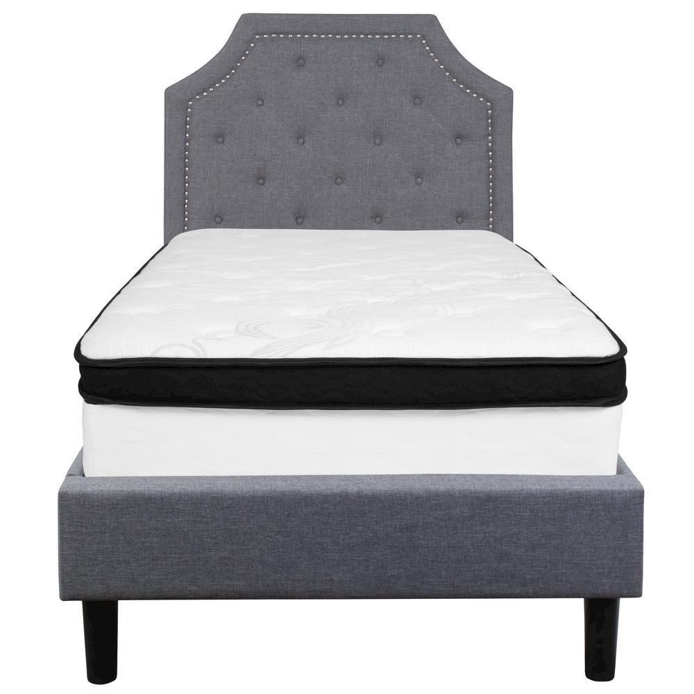 Twin Size Platform Bed in Light Gray Fabric with Memory Foam Mattress