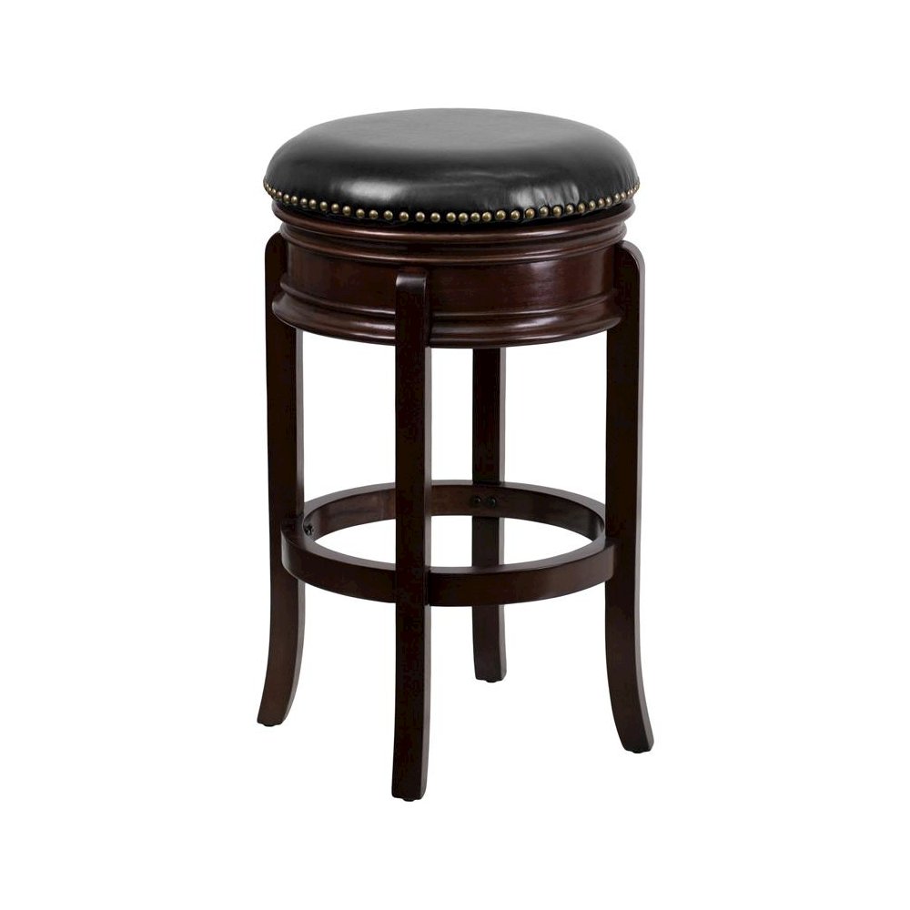 29” High Cappuccino Wood Barstool with Carved Apron and Black Swivel Seat