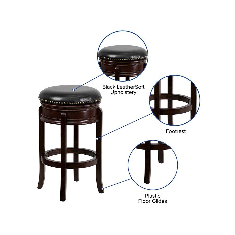 29” High Cappuccino Wood Barstool with Carved Apron and Black Swivel Seat