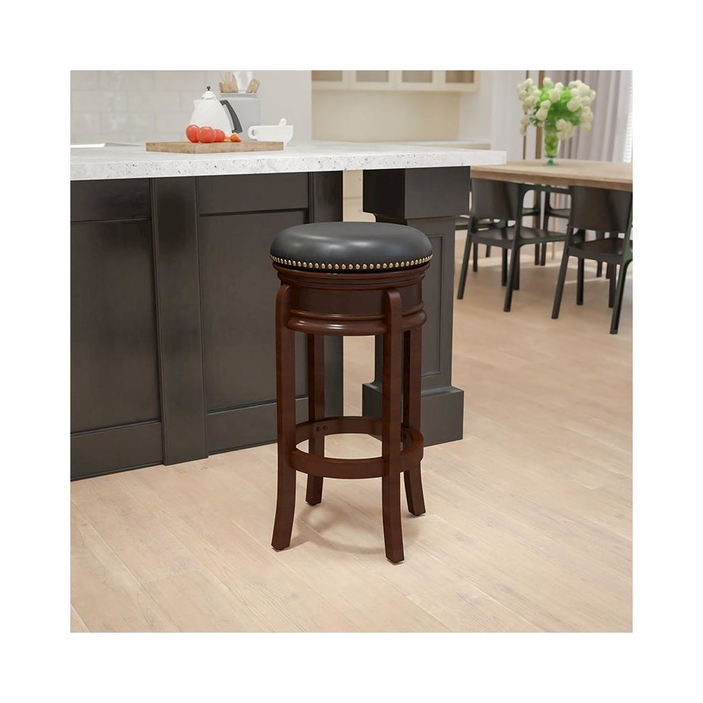 29” High Cappuccino Wood Barstool with Carved Apron and Black Swivel Seat