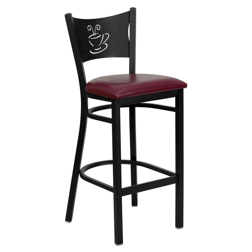 Black Coffee Back Metal Restaurant Barstool – Burgundy Vinyl Seat