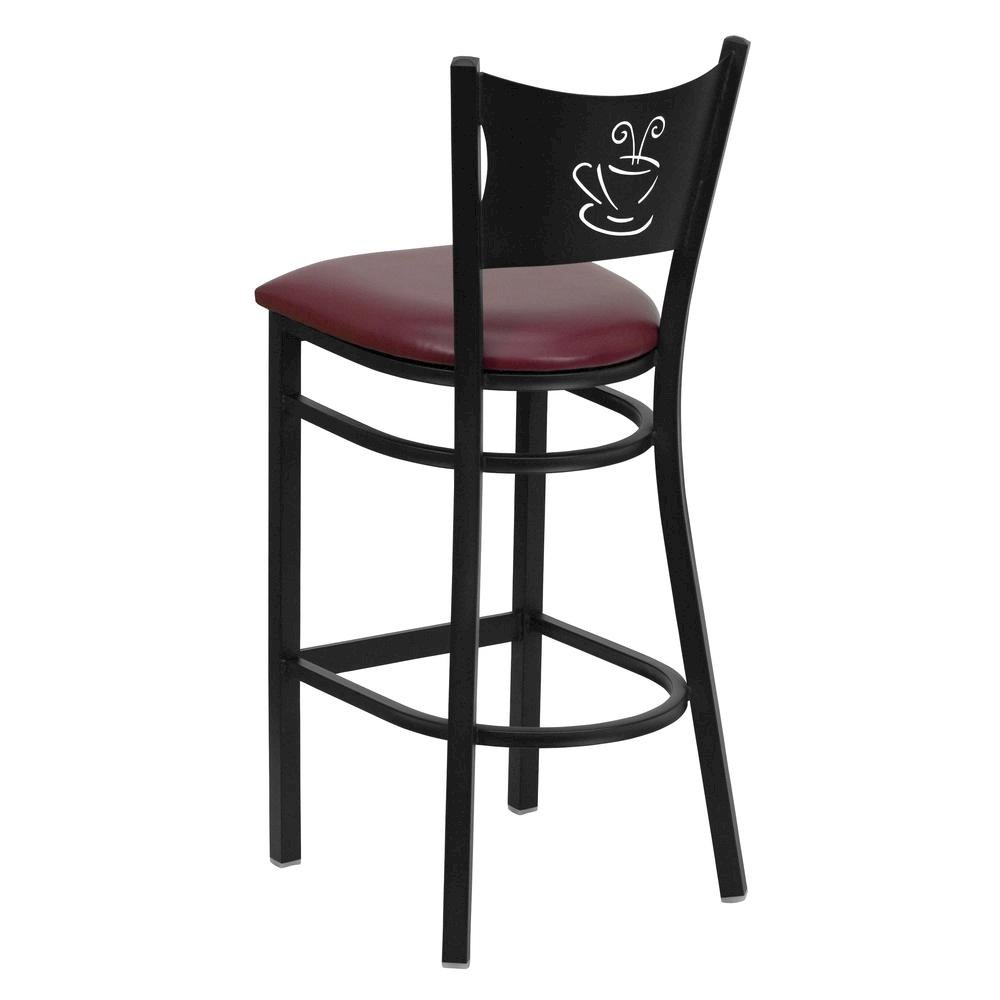 Black Coffee Back Metal Restaurant Barstool – Burgundy Vinyl Seat