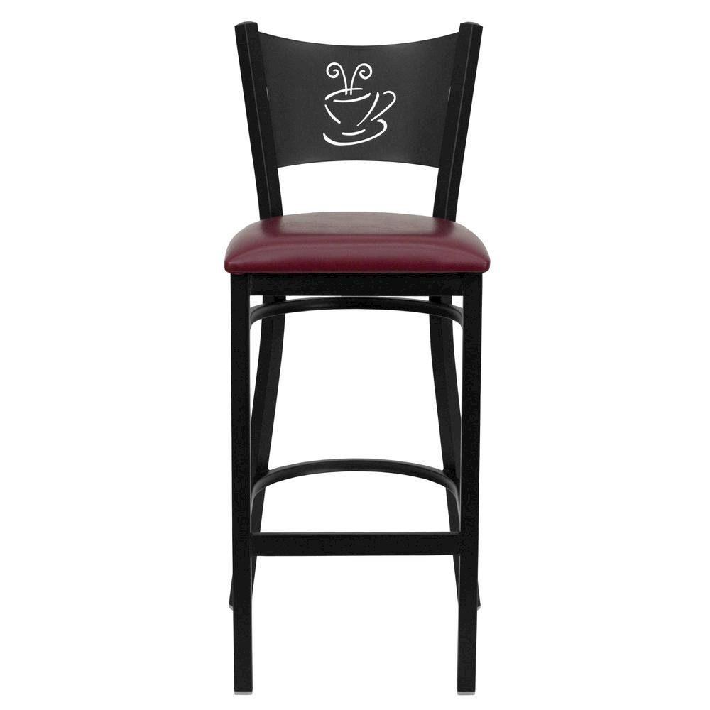 Black Coffee Back Metal Restaurant Barstool – Burgundy Vinyl Seat