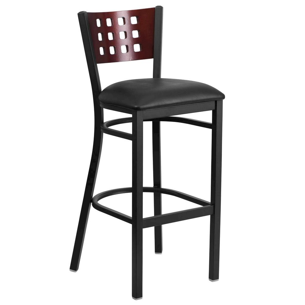 Black Cutout Back Metal Restaurant Barstool – Mahogany Wood Back