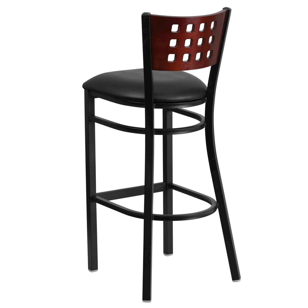 Black Cutout Back Metal Restaurant Barstool – Mahogany Wood Back