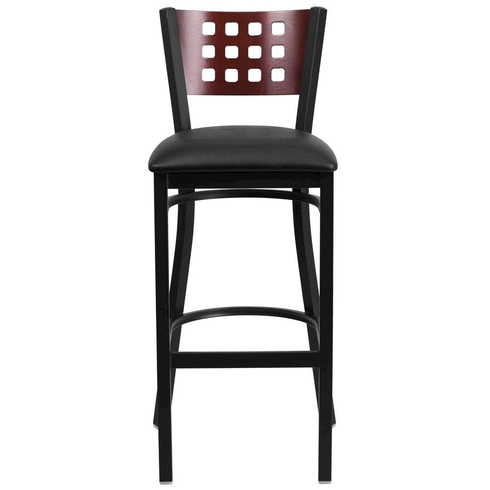 Black Cutout Back Metal Restaurant Barstool – Mahogany Wood Back