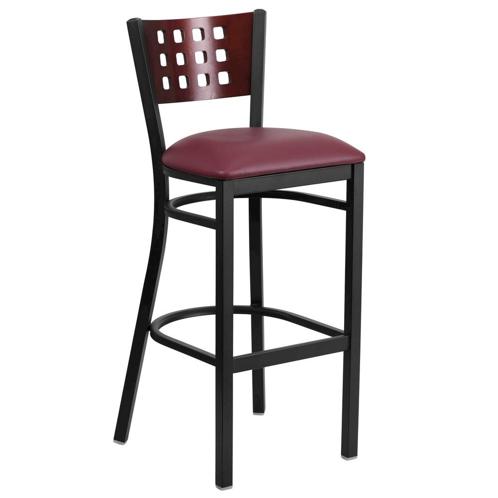 Black Cutout Back Metal Restaurant Barstool – Mahogany Wood Back