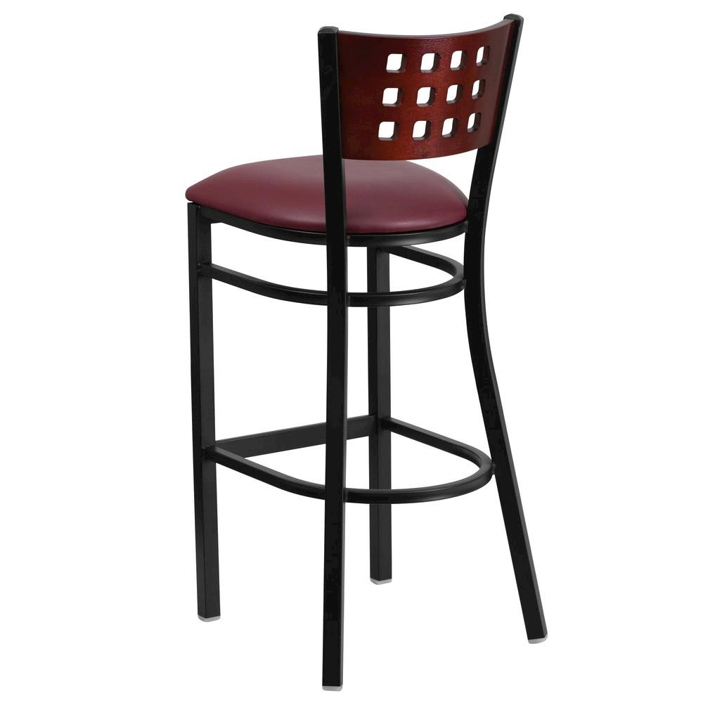 Black Cutout Back Metal Restaurant Barstool – Mahogany Wood Back