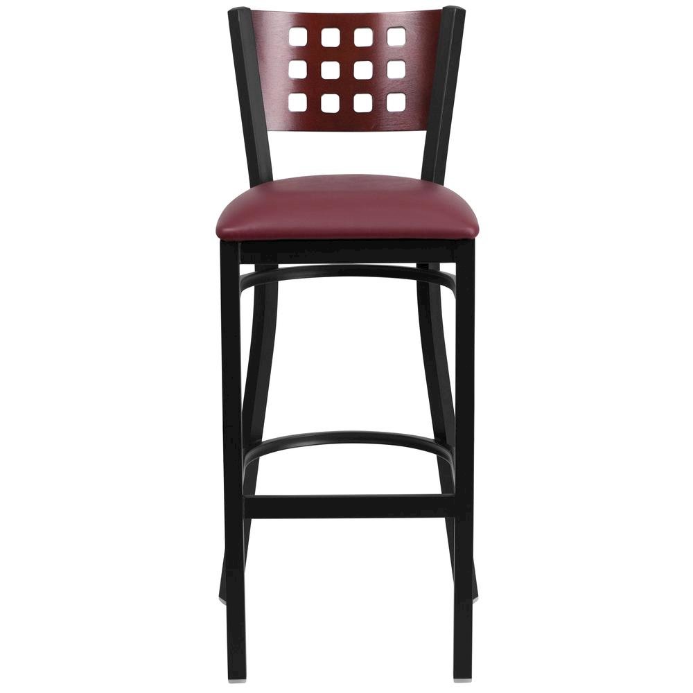 Black Cutout Back Metal Restaurant Barstool – Mahogany Wood Back