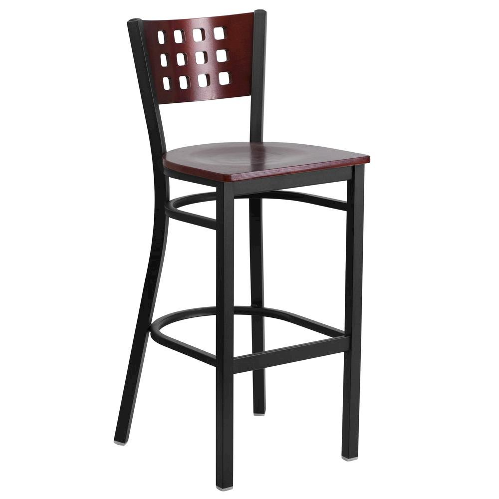 Black Cutout Back Metal Restaurant Barstool – Mahogany Wood Back & Seat