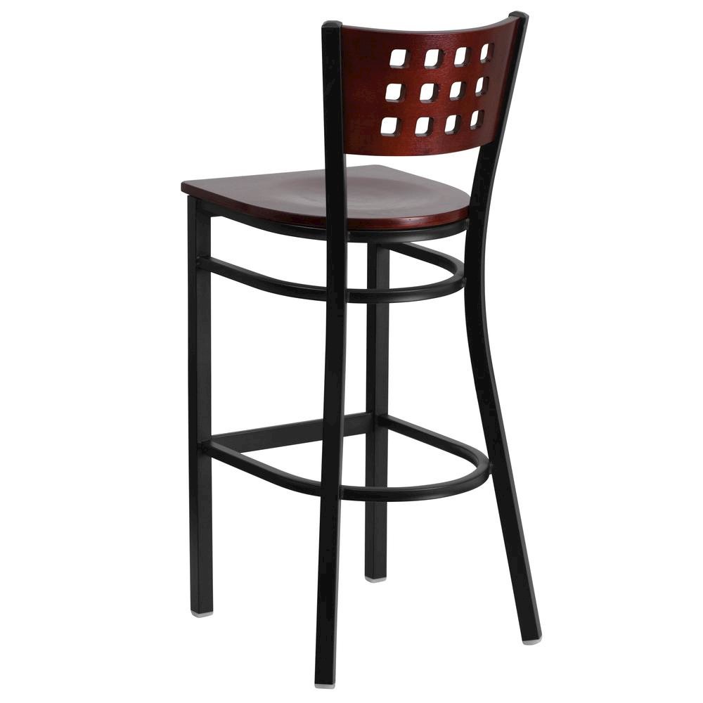 Black Cutout Back Metal Restaurant Barstool – Mahogany Wood Back & Seat