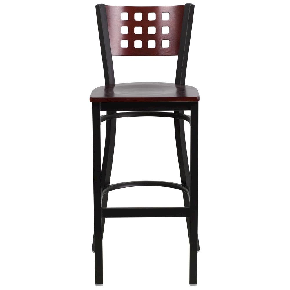Black Cutout Back Metal Restaurant Barstool – Mahogany Wood Back & Seat