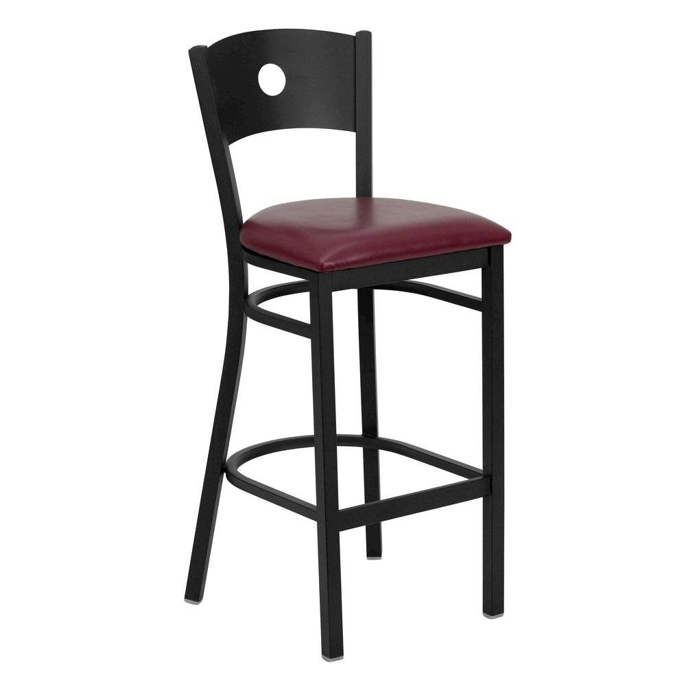 Black Circle Back Metal Restaurant Barstool – Burgundy Vinyl Seat