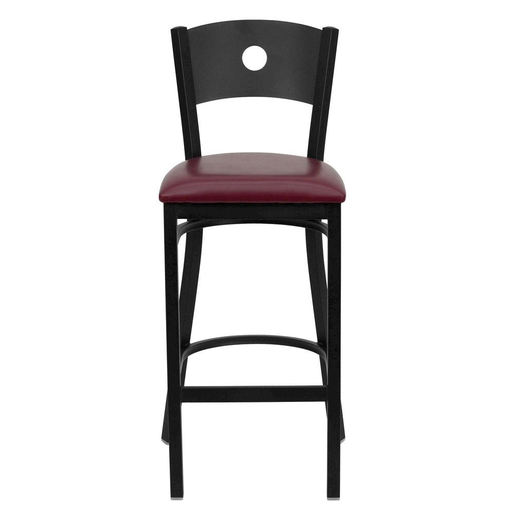Black Circle Back Metal Restaurant Barstool – Burgundy Vinyl Seat