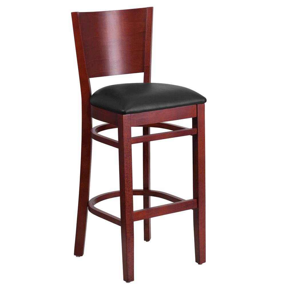 Solid Back Mahogany Wood Restaurant Barstool – Black Vinyl Seat