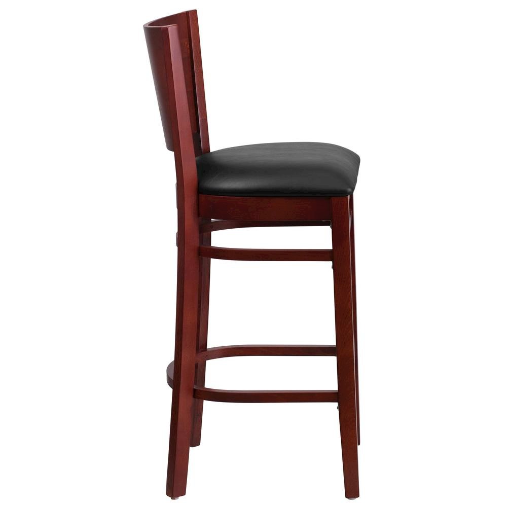 Solid Back Mahogany Wood Restaurant Barstool – Black Vinyl Seat