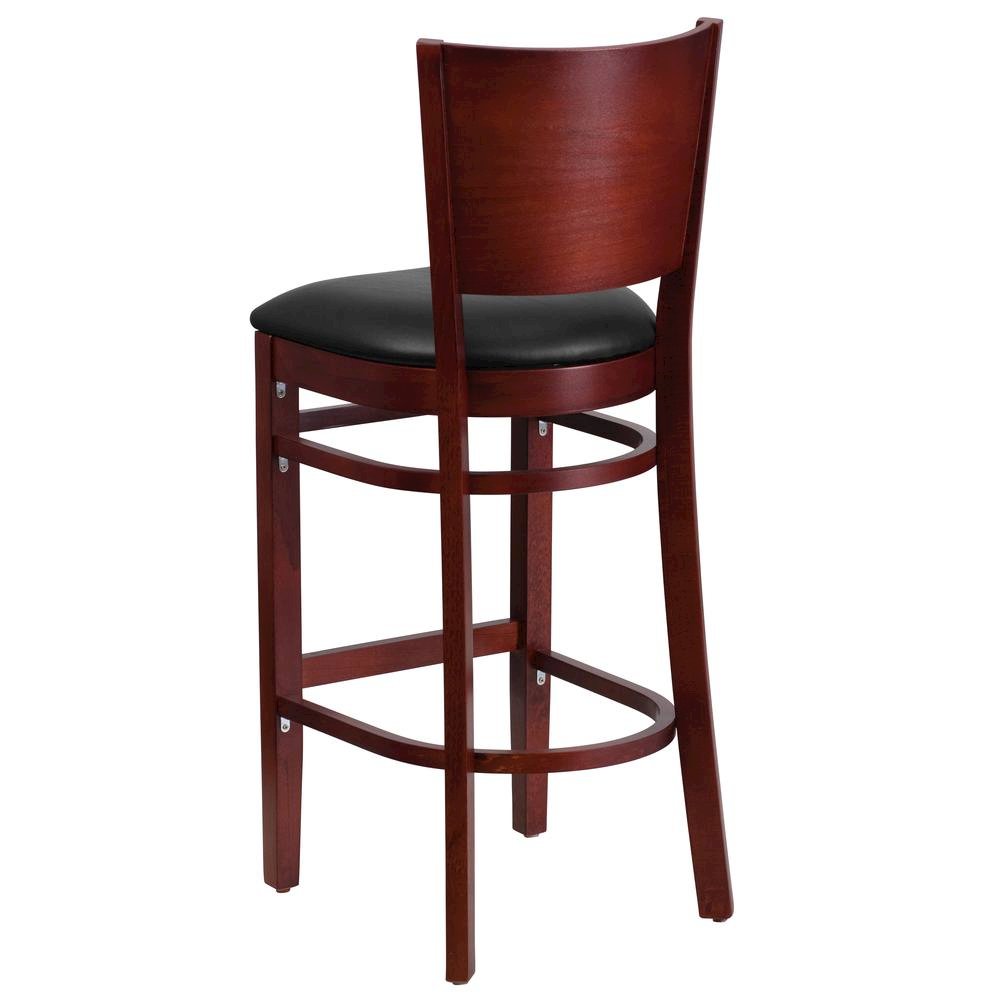 Solid Back Mahogany Wood Restaurant Barstool – Black Vinyl Seat