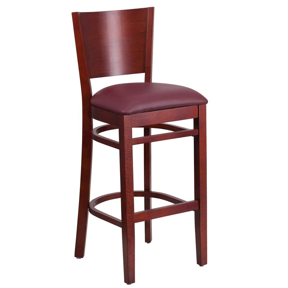 Solid Back Mahogany Wood Restaurant Barstool – Burgundy Vinyl Seat