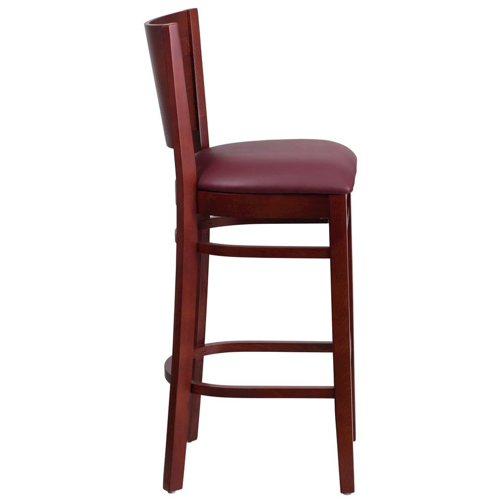 Solid Back Mahogany Wood Restaurant Barstool – Burgundy Vinyl Seat