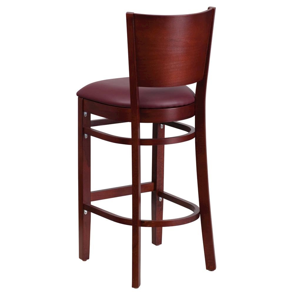 Solid Back Mahogany Wood Restaurant Barstool – Burgundy Vinyl Seat