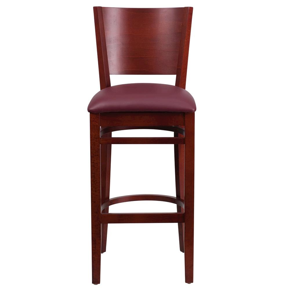 Solid Back Mahogany Wood Restaurant Barstool – Burgundy Vinyl Seat