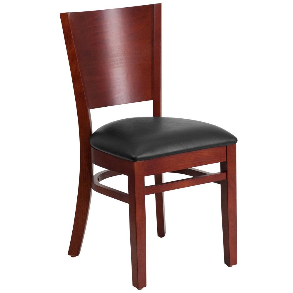 Solid Back Mahogany Wood Restaurant Chair – Black Vinyl Seat