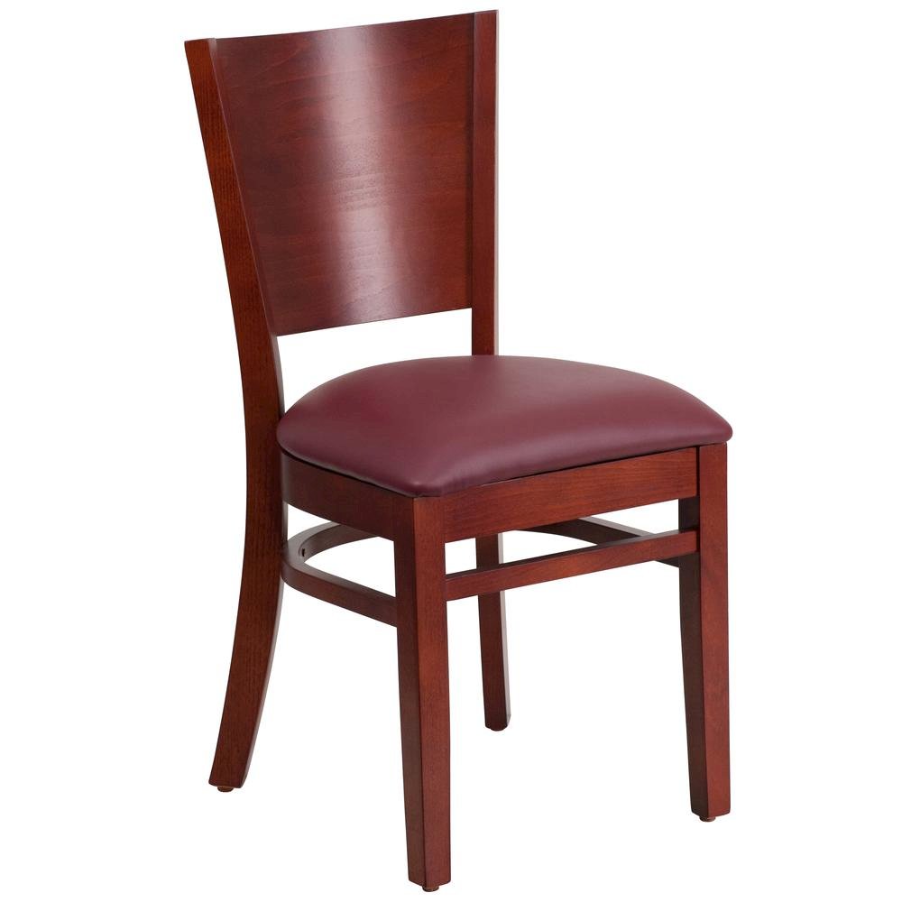 Solid Back Mahogany Wood Restaurant Chair – Burgundy Vinyl Seat