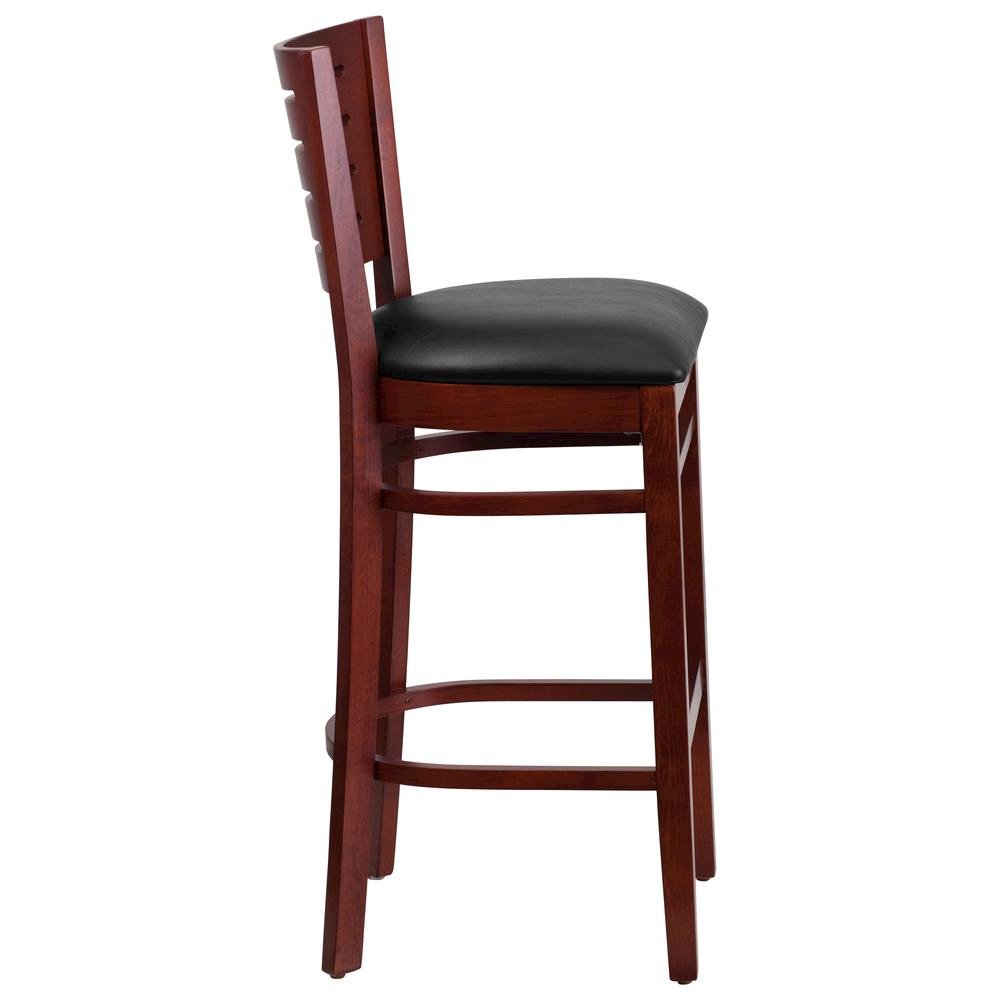 Slat Back Mahogany Wood Restaurant Barstool – Black Vinyl Seat