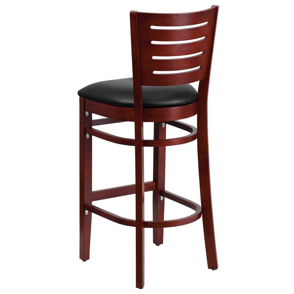 Slat Back Mahogany Wood Restaurant Barstool – Black Vinyl Seat