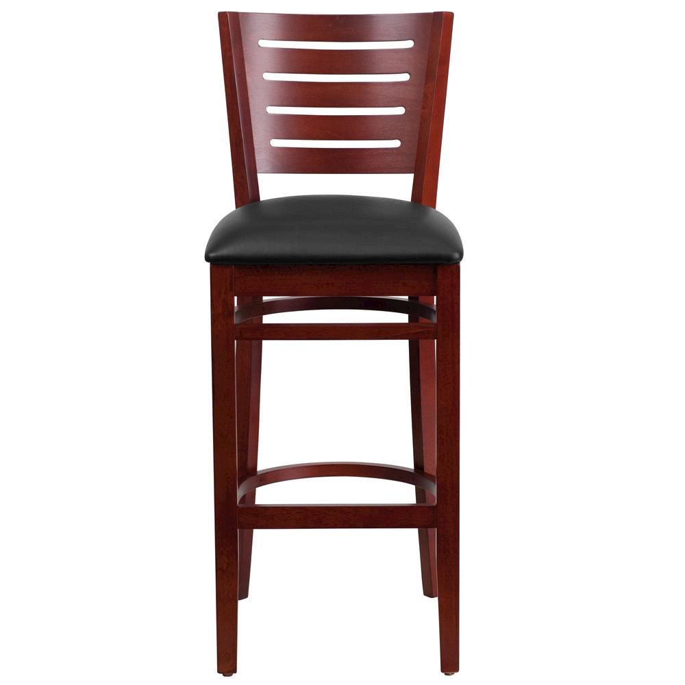 Slat Back Mahogany Wood Restaurant Barstool – Black Vinyl Seat