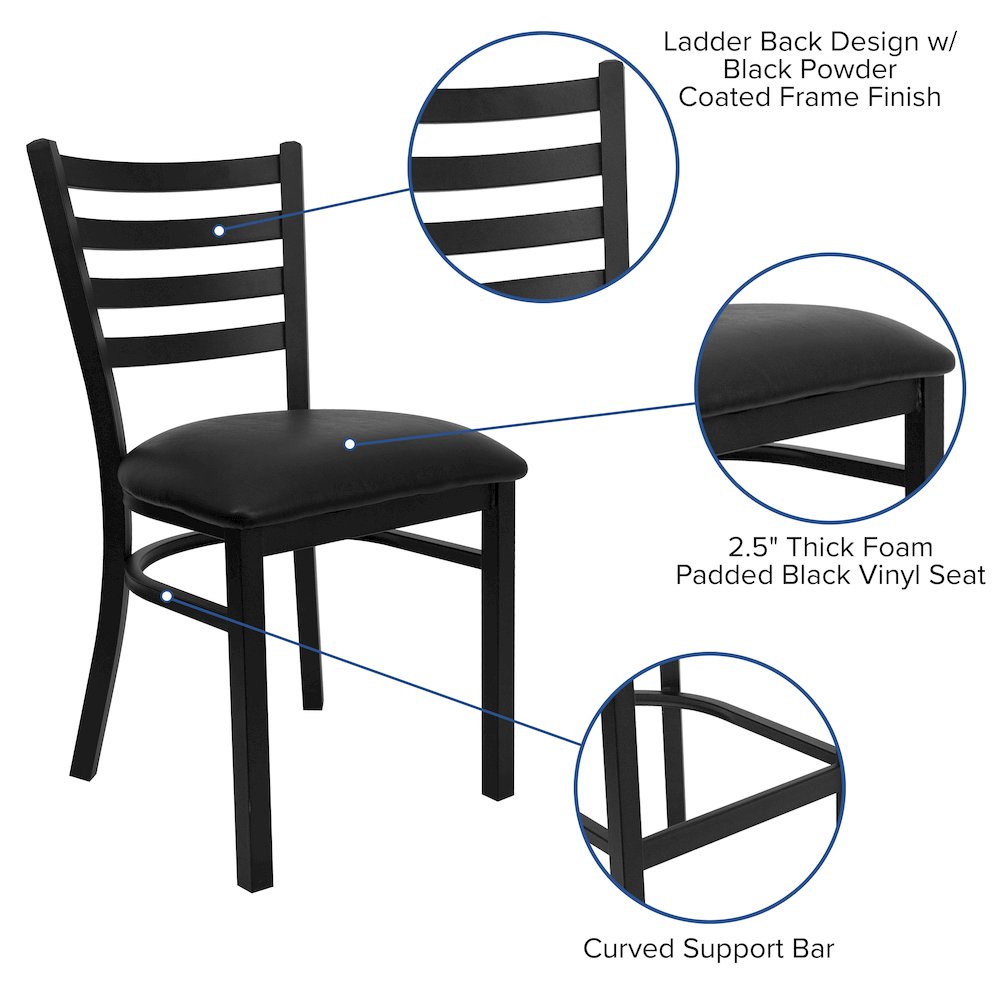36” Black Table Set with X-Base and 4 Metal Chairs – Black Vinyl Seat