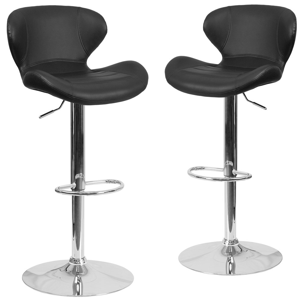 2 Pk. Contemporary Black Vinyl Adjustable Height Barstool with Chrome Base
