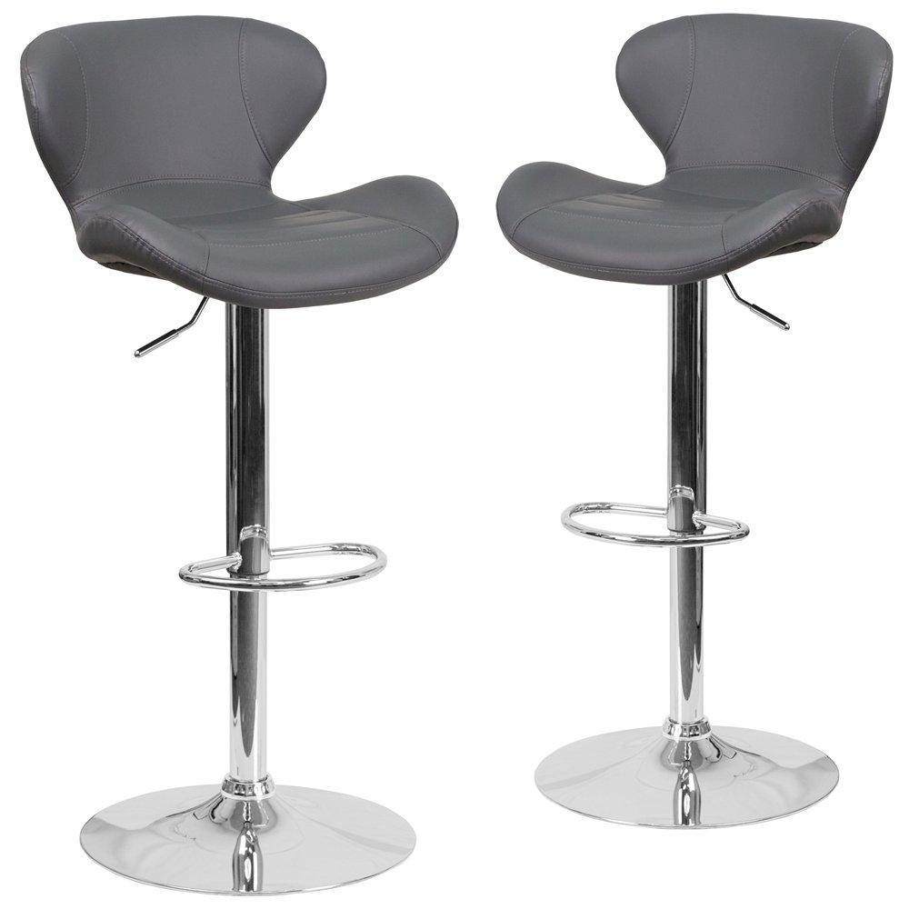 2 Pk. Contemporary Gray Vinyl Adjustable Height Barstool with Chrome Base