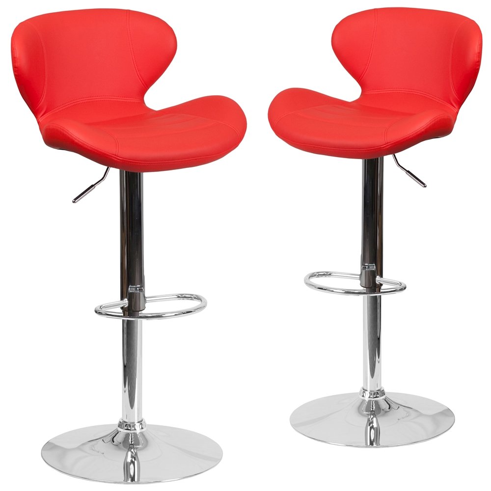 2 Pk. Contemporary Red Vinyl Adjustable Height Barstool with Chrome Base