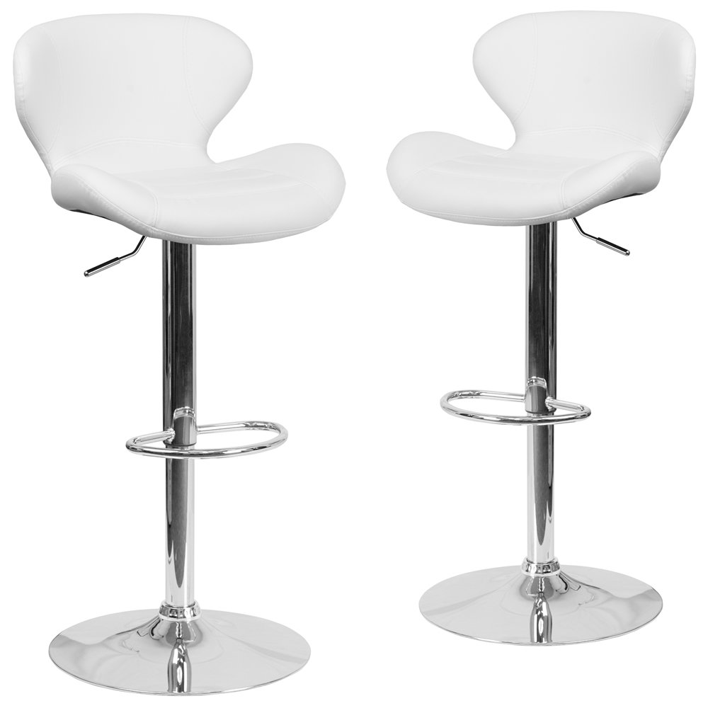 2 Pk. Contemporary White Vinyl Adjustable Height Barstool with Chrome Base