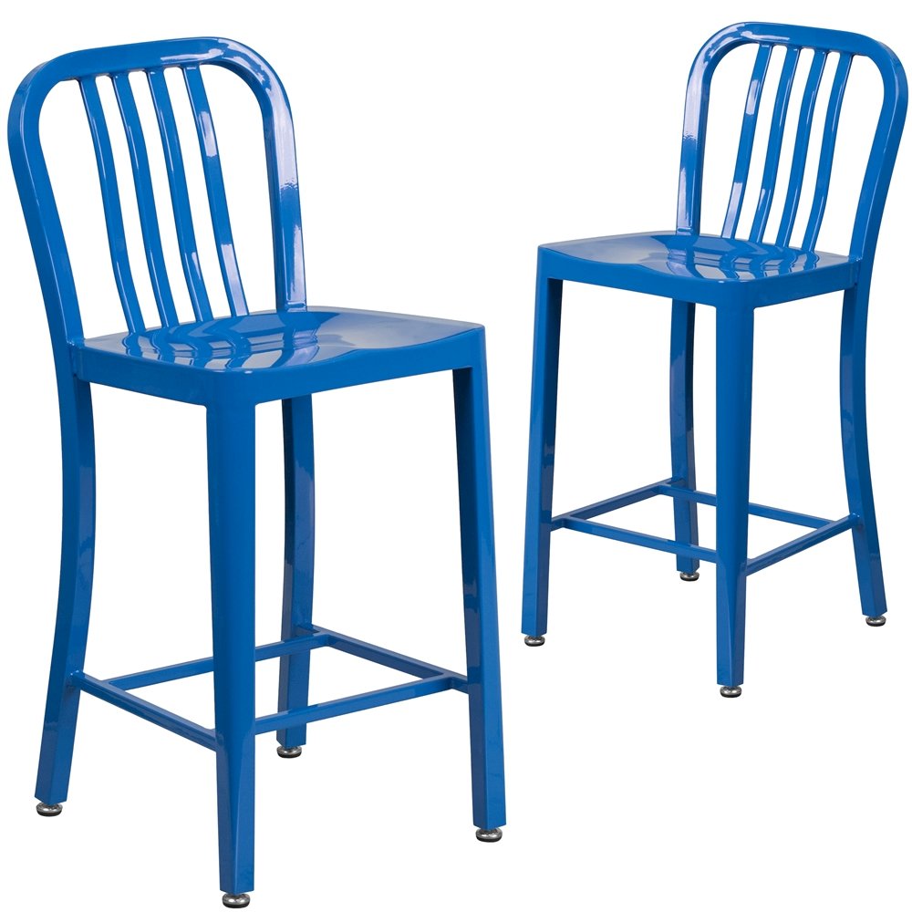 2 Pk. 24” High Blue Metal Indoor-Outdoor Counter Height Stool